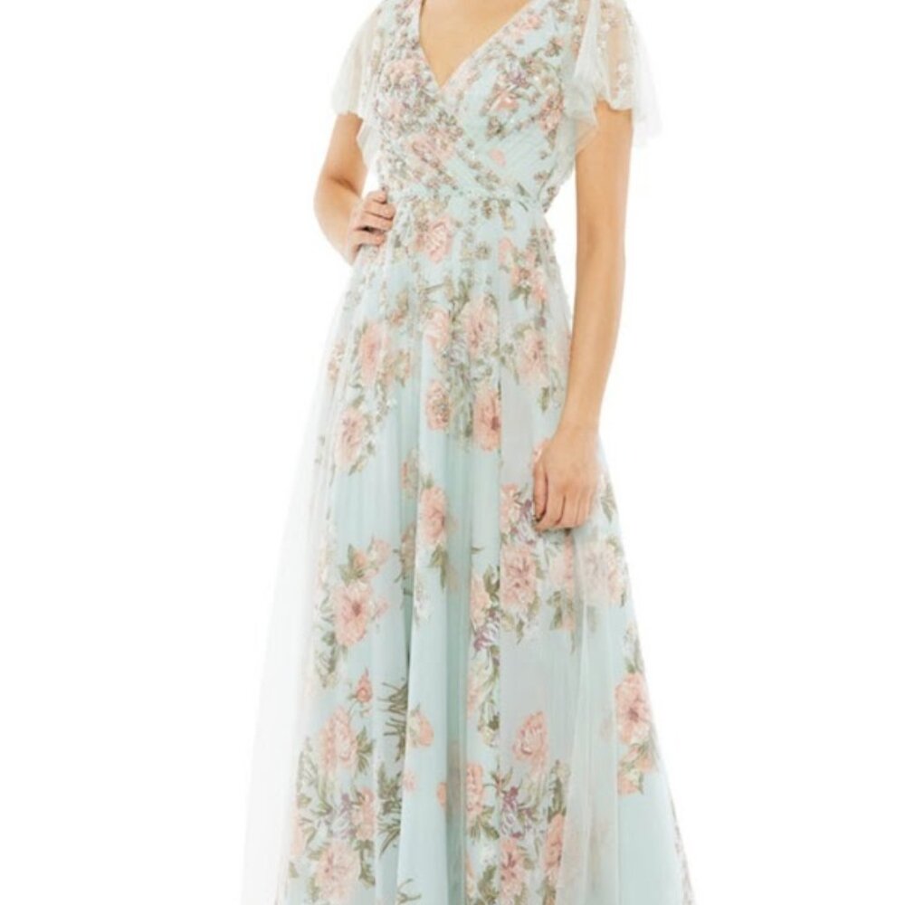 Mac Duggal Women’s Floral Chiffon Flutter Sleeve V-Neck Maxi Dress